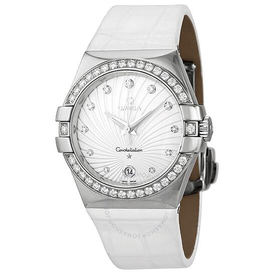 Omega Constellation White Diamond Dial Stainless Steel White Alligator Ladies Watch 123.18.35.60.52.001