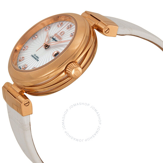 Omega De Ville 18kt Rose Gold Mother of Pearl Dial White Leather Ladies Watch 42563342055001