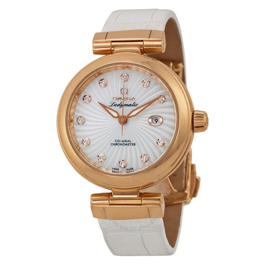 Omega De Ville 18kt Rose Gold Mother of Pearl Dial White Leather Ladies Watch 42563342055001