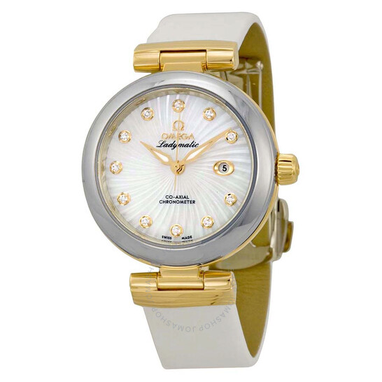 Omega De Ville Ladymatic Mother of Pearl White Leather Ladies Watch 42522342055002