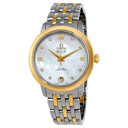 Omega De Ville Prestige Mother of Pearl Diamond Dial Steel and 18K Yellow Gold Ladies Watch 42420332055002