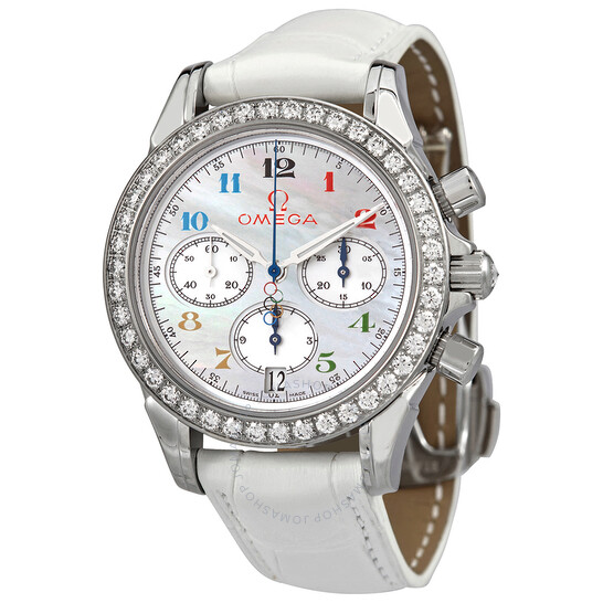 Omega Olympic Collection Timeless Chronograph Automatic Chronometer White Mother of Pearl Dial Ladies Watch 4876.70.36