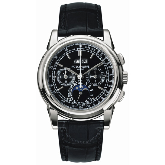 Patek Philippe Black Dial Chronograph Platinum Black Leather Men’s Watch 5970P