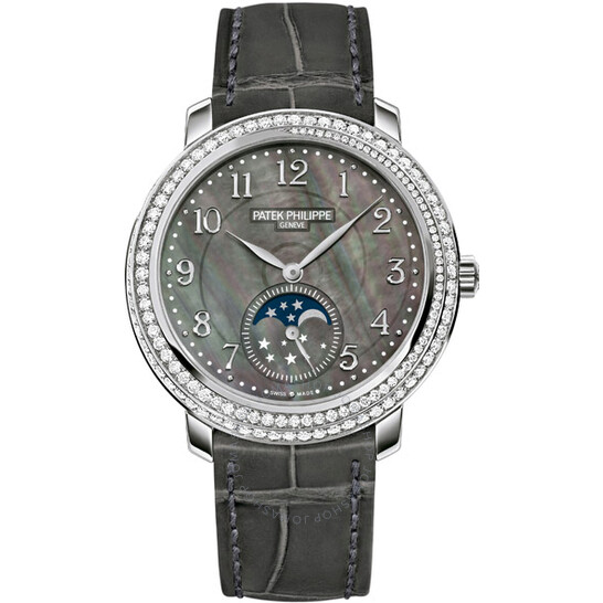 Patek Philippe Complications Black Mother of Pearl Dial Diamond Bezel 18kt White Gold Leather Ladies Watch 4968G-001