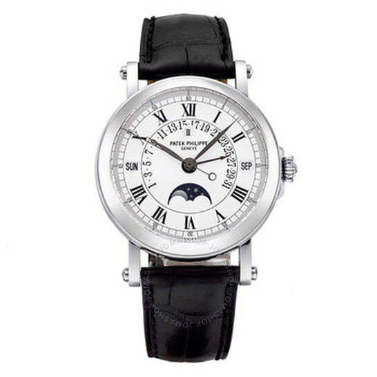 Patek Philippe Perpetual Calendar Silver Dial 18kt White Gold Black Leather Men’s Watch 5059G