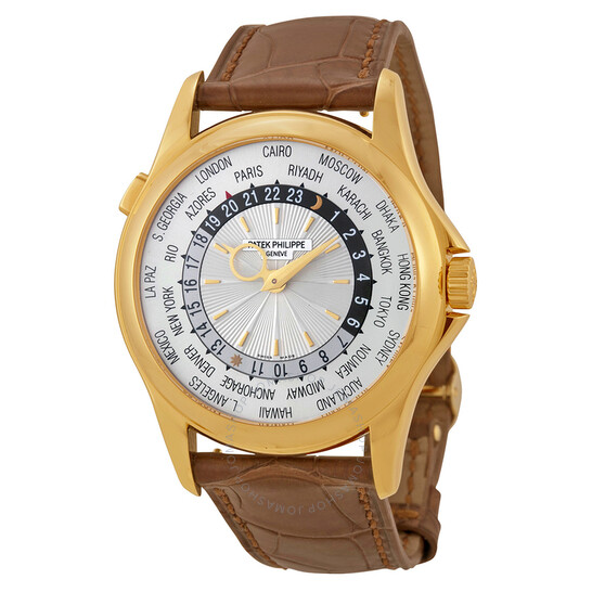 Patek Philippe World Time Silver Dial 18kt Yellow Gold Brown Leather Men’s Watch 5130J