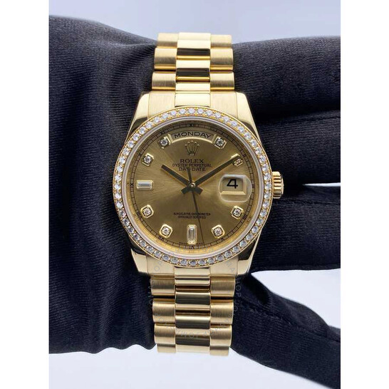 Pre-owned Rolex Day Date Automatic Chronometer Diamond Champagne Dial Men’s Watch 118348 CDP