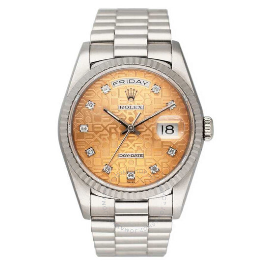 Pre-owned Rolex Day Date Automatic Chronometer Diamond Orange Dial Men’s Watch 18239