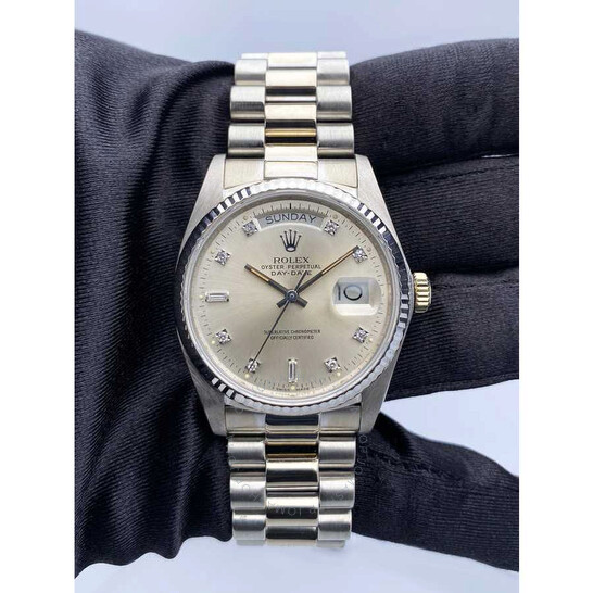 Pre-owned Rolex Day Date Automatic Chronometer Diamond Silver Dial Men’s Watch 18039 SDP