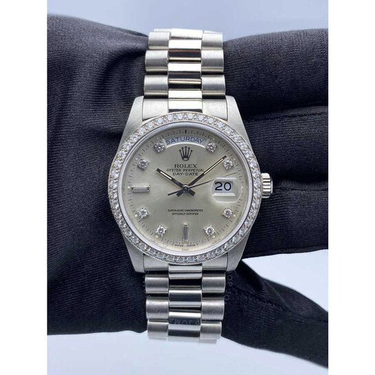 Pre-owned Rolex Day Date Automatic Chronometer Diamond Silver Dial Men’s Watch 18046 SDP