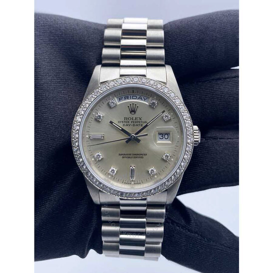 Pre-owned Rolex Day Date Automatic Chronometer Diamond Silver Dial Men’s Watch 18346 SDP