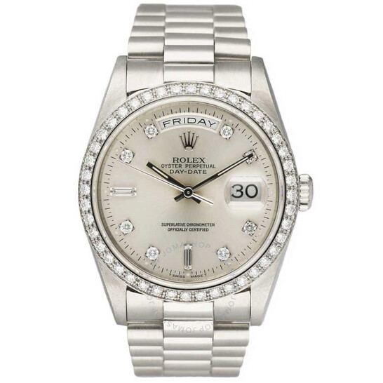 Pre-owned Rolex Day Date Automatic Chronometer Diamond Silver Dial Men’s Watch 18346 SDP