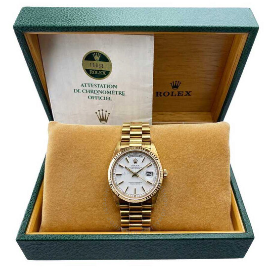 Pre-owned Rolex Day Date Automatic Chronometer White Dial Men’s Watch 18038 WSP