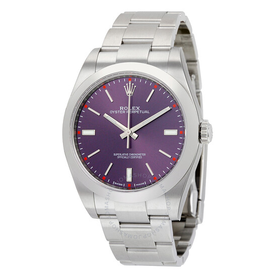 Pre-owned Rolex Oyster Perpetual 39 Red Grape Dial Stainless Steel Bracelet Automatic Men’s Watch 114300RGSO