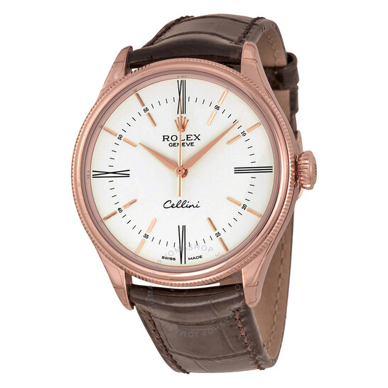 Rolex Cellini White Dial 18K Rose Gold Leather Men’s Watch 50505WSRL