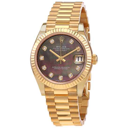 Rolex Datejust 31 Automatic 18kt Yellow Gold Diamond Black Mother of Pearl Dial Ladies Watch 278278BKMDP