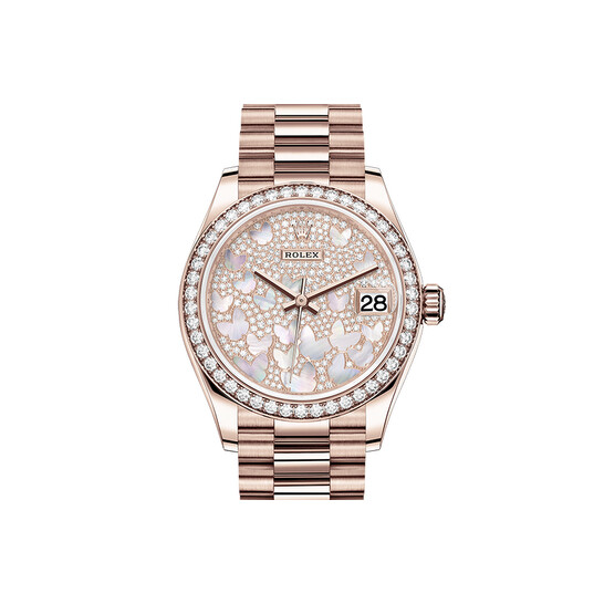 Rolex Datejust 31 Automatic Mother of Pearl Butterfly Diamond Pave Dial Ladies 18 ct Everose Gold President Watch 278285PAVEP