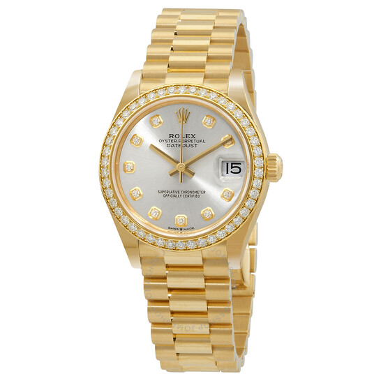 Rolex Datejust 31 Automatic Silver Diamond Dial Ladies 18kt Yellow Gold President Watch 278288SDP