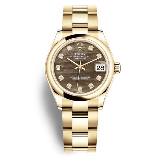 Rolex Datejust 31 Black Mother of Pearl Diamond Ladies 18kt Yellow Gold Oyster Watch 278248BKMDO