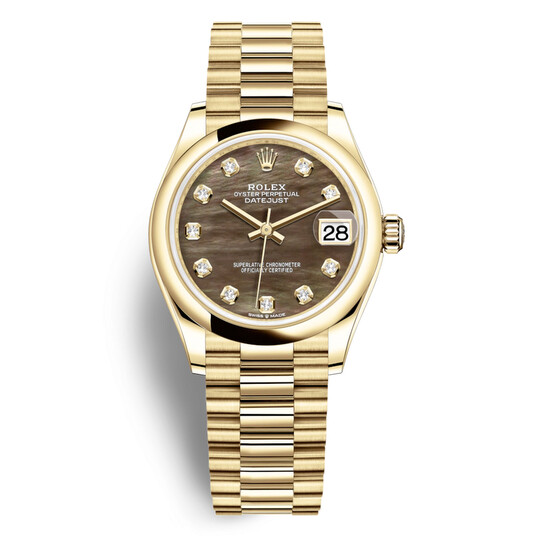 Rolex Datejust 31 Black Mother of Pearl Diamond Ladies 18kt Yellow Gold President Watch 278248BKMDP