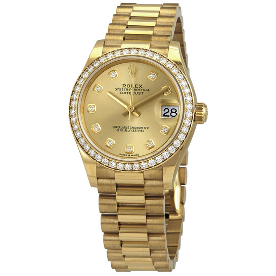 Rolex Datejust 31 Champagne Diamond Dail Ladies 18kt Yellow Gold President Watch 278288CDP