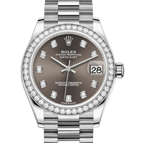 Rolex Datejust 31 Dark Grey Diamond Dial Ladies 18kt White Gold President Watch 278289GYDP