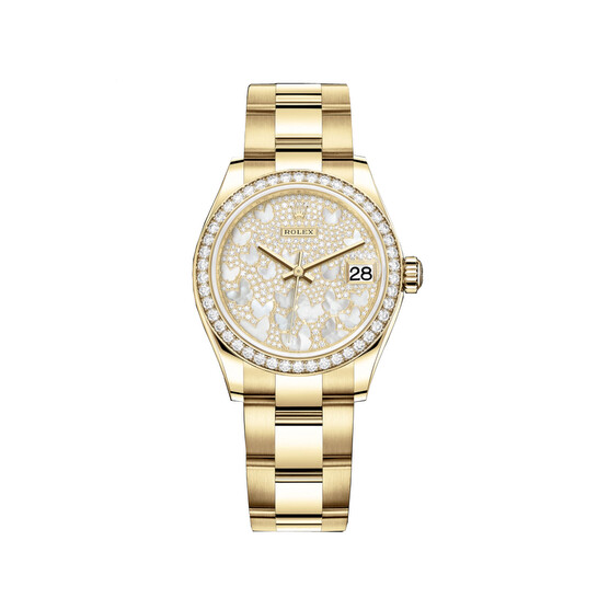 Rolex Datejust 31 Diamond Pave, Mother of Pearl Butterfly Dial Ladies 18kt Yellow Gold Oyster Watch 278288PAVEO