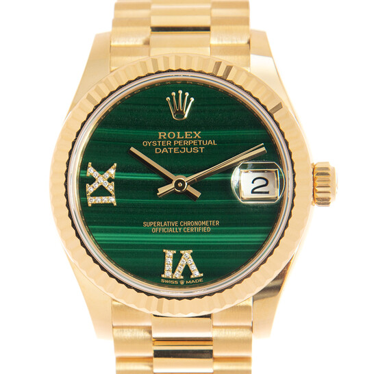 Rolex Datejust 31 Malachite Diamond Dial Ladies 18kt Yellow Gold President Watch 278278MLRDP