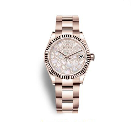 Rolex Datejust 31 Mother of Pearl Butterfly Diamond Pave Dial Ladies 18kt Everose Gold Oyster Watch 278275PAVEO