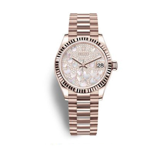 Rolex Datejust 31 Mother of Pearl Butterfly Diamond Pave Dial Ladies 18kt Everose Gold President Watch 278275PAVEP