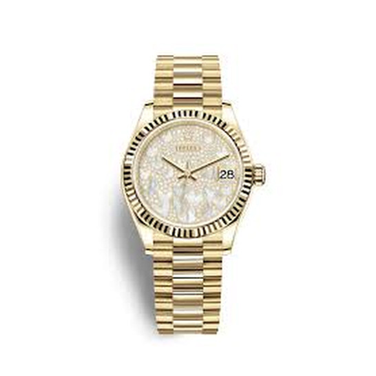 Rolex Datejust 31 Mother of Pearl Butterfly Diamond Pave Ladies 18kt Yellow Gold President Watch 278278PAVEP