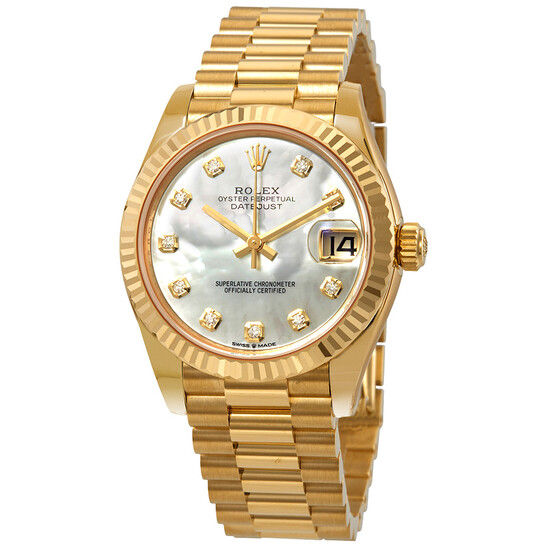 Rolex Datejust 31 Mother of Pearl Diamond Dial Ladies 18kt Yellow Gold President Watch 278278MDP