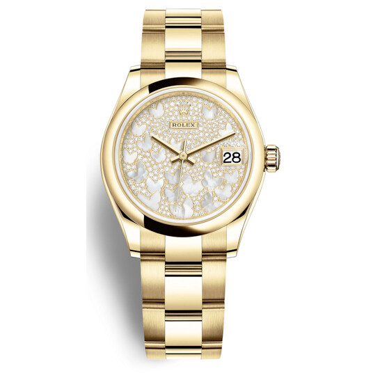 Rolex Datejust 31 Mother of Pearl Diamond Pave Dial Ladies 18kt Yellow Gold Oyster Watch 278248PAVEO