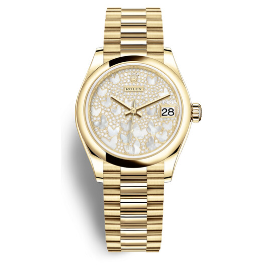 Rolex Datejust 31 Mother of Pearl Diamond Pave Dial Ladies 18kt Yellow Gold Oyster Watch 278248PAVEP