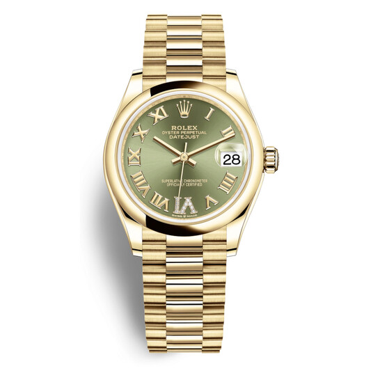 Rolex Datejust 31 Olive Green Dial Automatic Ladies 18kt Yellow Gold President Watch 278248GNRDP