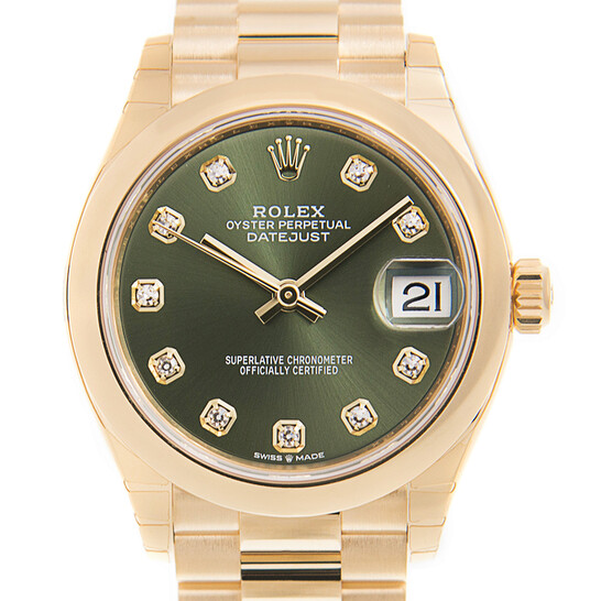 Rolex Datejust 31 Olive Green Diamond Dial Automatic Ladies 18kt Yellow Gold President Watch 278248GNDP