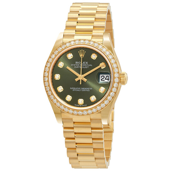 Rolex Datejust 31 Olive Green Diamond Dial Ladies 18kt Yellow Gold President Watch 278288GNDP