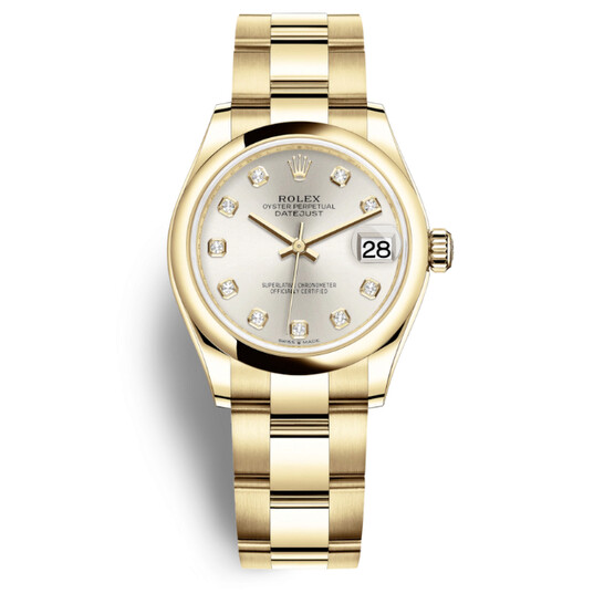 Rolex Datejust 31 Silver Diamond Dial Automatic Ladies 18kt Yellow Gold Oyster Watch 278248SDO