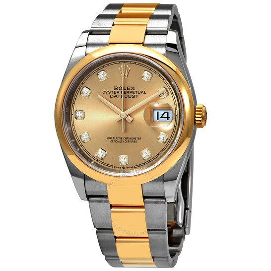 Rolex Datejust 36 Champagne Diamond Dial Men’s Steel and 18k Yellow Gold Oyster Watch 126203CDO