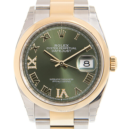 Rolex Datejust 36 Olive Green Diamond Dial Men’s Steel and 18k Yellow Gold Oyster Watch 126203GNRDO