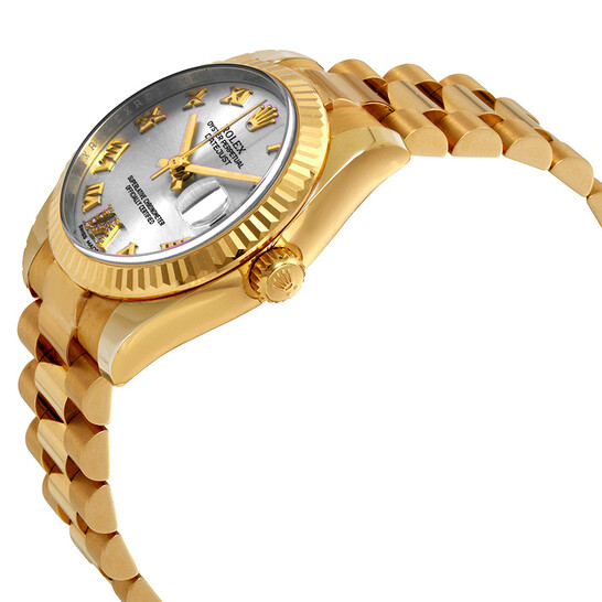 Rolex Datejust Silver Diamond Dial Automatic Ladies 18kt Yellow Gold President Watch 178278SRDP