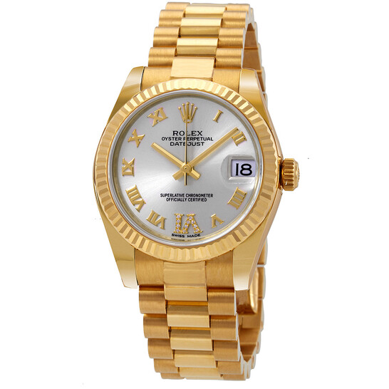 Rolex Datejust Silver Diamond Dial Automatic Ladies 18kt Yellow Gold President Watch 178278SRDP