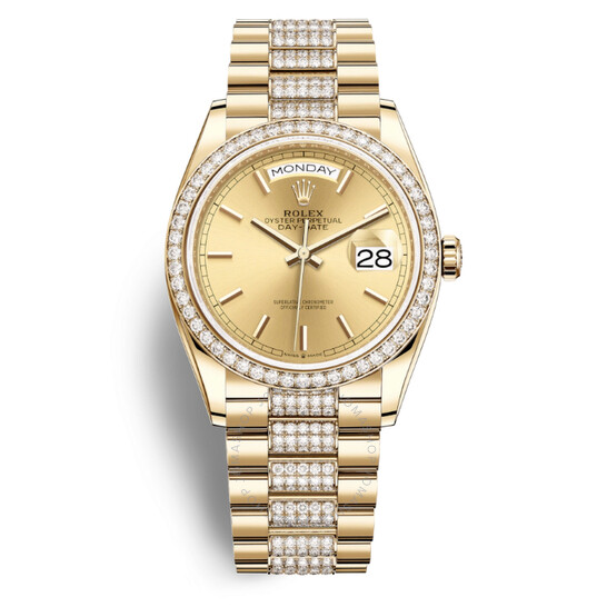 Rolex Day-Date 36 Automatic Champagne Dial 18kt Yellow Gold Diamond Set President Watch 128348CSDP