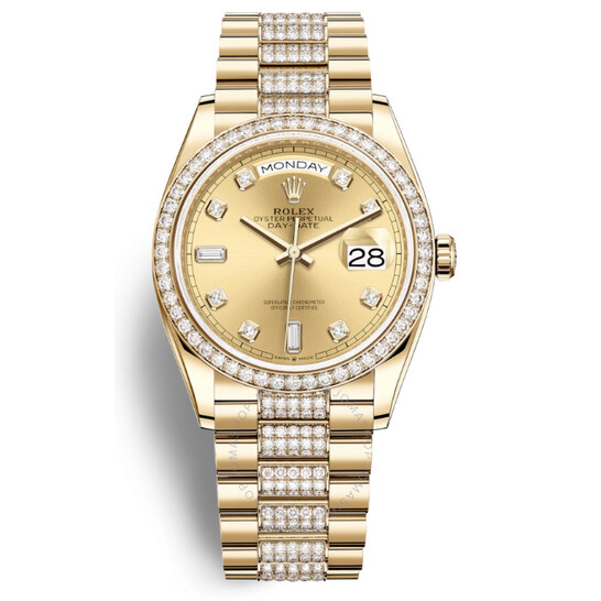 Rolex Day-Date 36 Automatic Diamond Champagne Dial 18kt Yellow Gold Diamond Set President Watch 128348CDDP