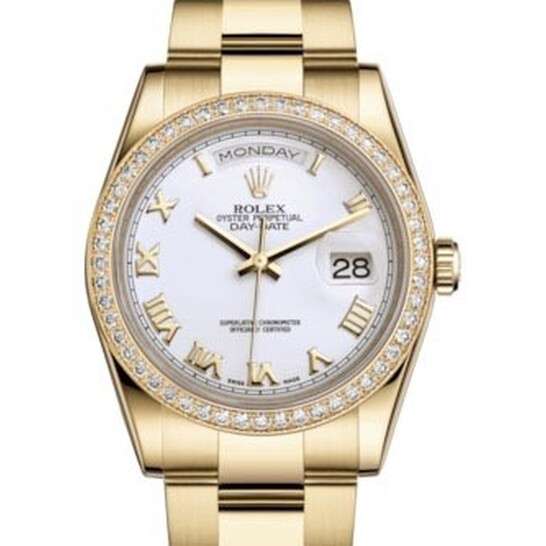 Rolex Day-Date 36 Automatic White Dial Ladies 18kt Yellow Gold Oyster Watch 118348WRO