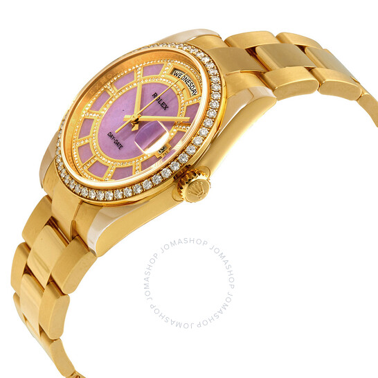 Rolex Day-Date 36 Carousel of Lavender Jade Dial Ladies 18kt Yellow Gold Oyster Watch 118348LVDO