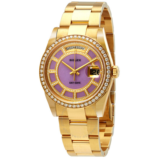 Rolex Day-Date 36 Carousel of Lavender Jade Dial Ladies 18kt Yellow Gold Oyster Watch 118348LVDO