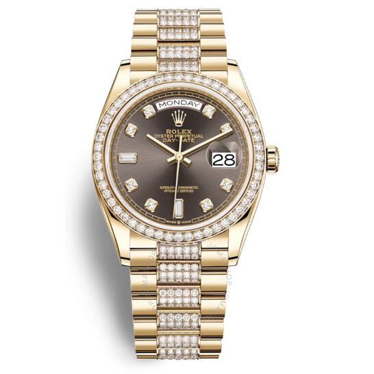 Rolex Day-Date 36 Dark Grey Dial 18kt Yellow Gold Diamond Set President Watch 128348GYDDP