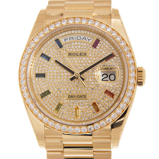 Rolex Day-Date 36 Diamond Pave Rainbow Dial 18kt Yellow Gold President Watch 128348DSP