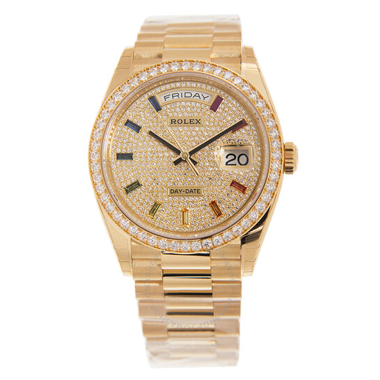 Rolex Day-Date 36 Diamond Pave Rainbow Dial 18kt Yellow Gold President Watch 128348DSP